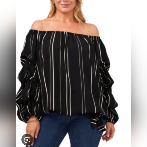 Vince Camuto Off-Shoulder Black and White Striped Top - Picture 1 of 6